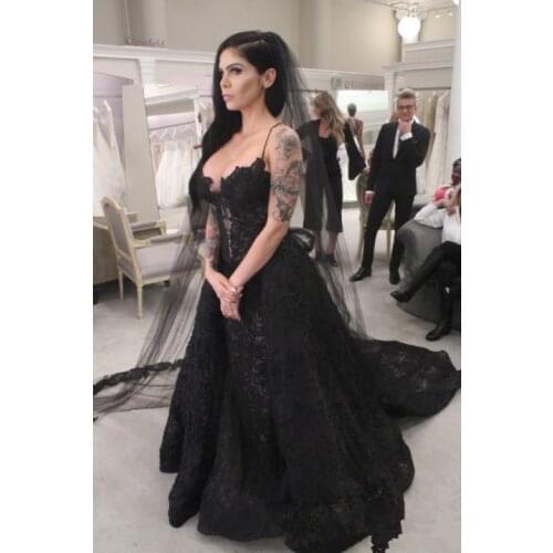 2021 black Lace Gothic Wedding Dresses Bridal Gowns with Detachable Train Sweep Train Mermaid Bridal Gown Wedding Guest Dress