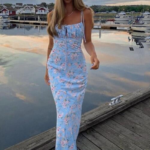 2021 Fashion Floral Print Cottagecore Elegant Sleeveless Maxi Sundress Sexy Backless Women Party Club Tie Front Dresses Holiday