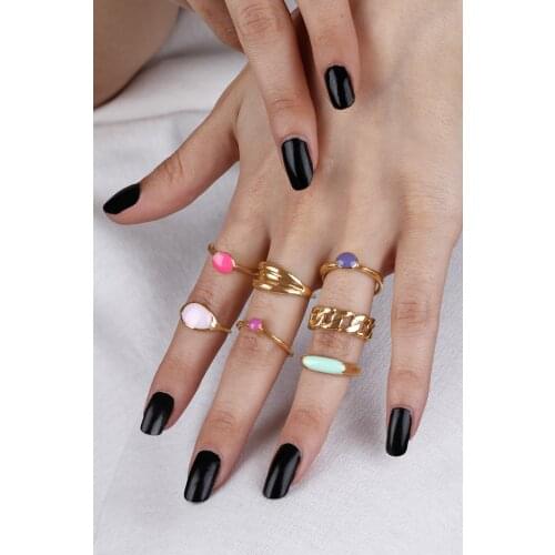 2021 New Season Hot Sale Set of 7 Stone Detailed Rings Women Elegant and Modern Vintage Jewelry Accessory Retro