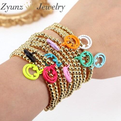 5PCS, Smiling Face Enamel Charms Bracelet for Women Hot Fashion Vintage Handmade Gold Beaded Bracelet