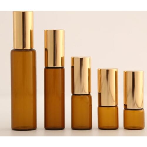1ml 2ml 5ml 10ml Amber Roll On Roller Bottles for Essential Oils Refillable Perfume Bottle Deodorant Containers with Gold Lid