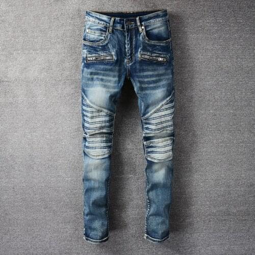 American Street Style Fashion Men Jeans High Quality Retro Spliced Designer Slim Fit Biker Jeans Men Hip Hop Denim Punk Pants