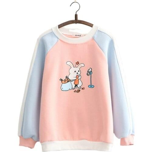 Fleece Womens Sweatshirt Harakuju Cartoon Rabbit Print Hoodies Tops O-neck Full Sleeves Pullover Clothing Female Winter 2020