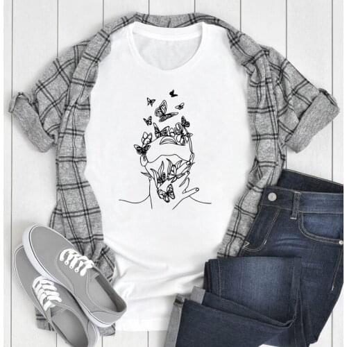 Human Face With Butterflies T-shirt Abstract Art Line Print Tshirt Funny Women Short Sleeve Hipster Graphic Top Tee Shirt