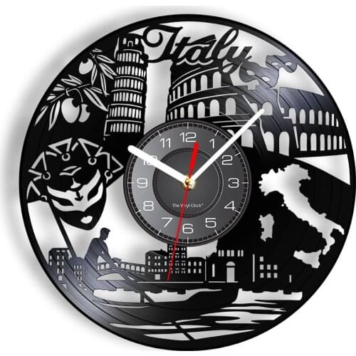 Italy Cityscape Gramophone Record Wall Clock Torre Di Pisa Opera House Venice Water City Vintage Luminous Wall Watch Retro Decor