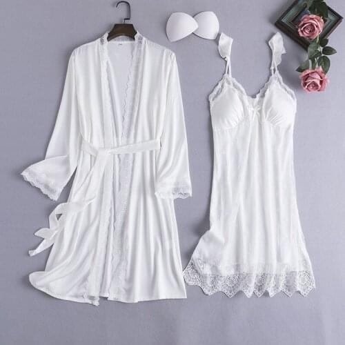 Summer Sexy Robe Set 2PCS Ice Silk Satin Kimono Gown Bride Bathrobe Sleeveless Strap Sleepwear Intimate Lingerie With Chest Pad