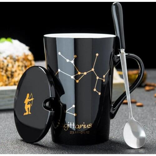12 Constellations Creative Ceramic Mugs with Spoon Lid Black and Gold Porcelain Zodiac Milk Coffee Cup 420ML Water Drinkware