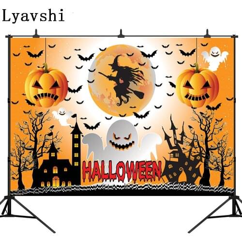 Lyavshi Halloween elements horror pumpkins haunted house bats tree on moon and night to background photography background