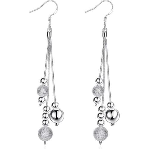 Frosted Bead Tassel Earrings Long Silver Plated Drop Earrings For Women Earing Jewelry Earring Three-line Multi-bead Earings