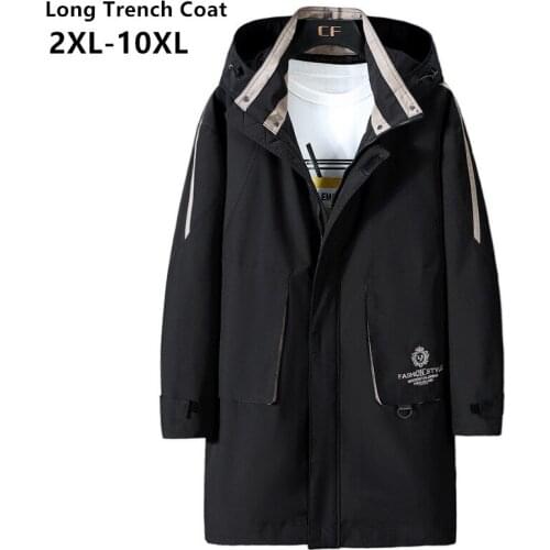 Long Men Trench Loose Plus Size 10XL Loose Black Hooded Windbreaker Mens 6XL 7XL 8XL 9XL Jakcets For Man Autumn Big Hoodies Coat