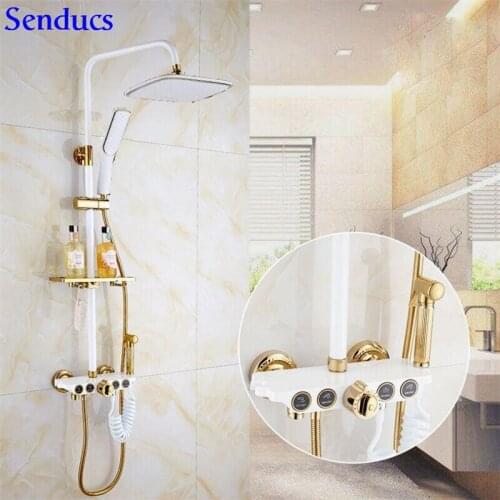 Senducs White Gold Shower Set Luxury European Bathroom Golden Shower System ABS Hand Top Shower Brass Thermostatic Shower Set
