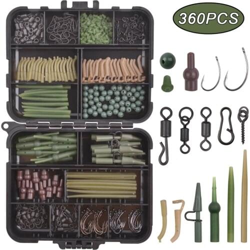 360Pcs/Box Carp Fishing Tackle Kit Including Rolling Swivels Snaps Hooks Anti Tangle Sleeves Hook Stop Beads Boilie Bait Screw