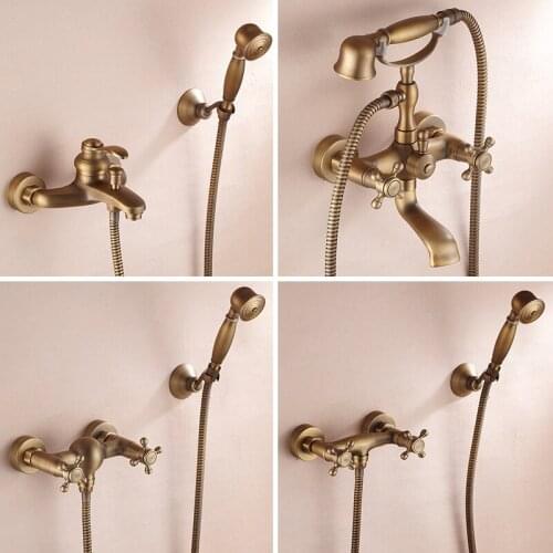 Bathroom Vintage Shower Wall Surface Mount Brass Rainfall Bathtub Shower Faucet Set Antique Brass with Handshower + Tub Spout