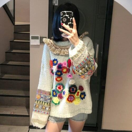 2020 New Women Loose Pullover Sequined Flower Luxury Vintage Embroidery O Neck Long Sleeve Chic Fashion Sweater Knitted Wear