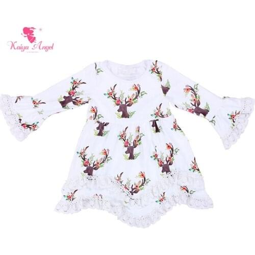 Kaiya Angel Girls Dress Deer Kids Dresses For Girls Christmas Deer Dress With Lace Ruffle Wholesale Toddler Kids Baby Girl Dress
