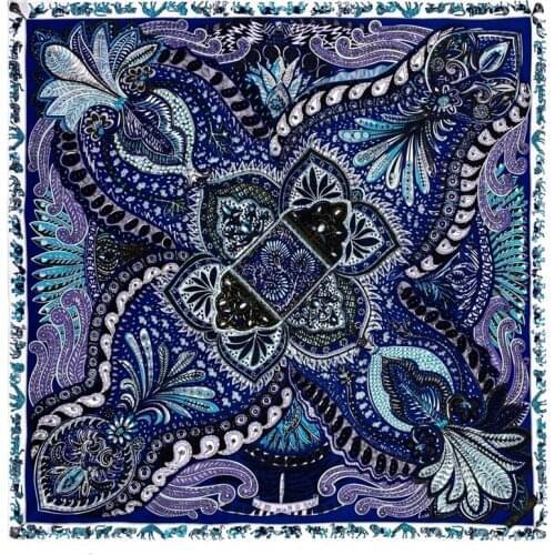 POBING Manual Hand Rolled Twill Silk Scarf Women Cashew Flowers Square Scarves Echarpes Foulards Femme Wrap Bandana Hijab 90CM