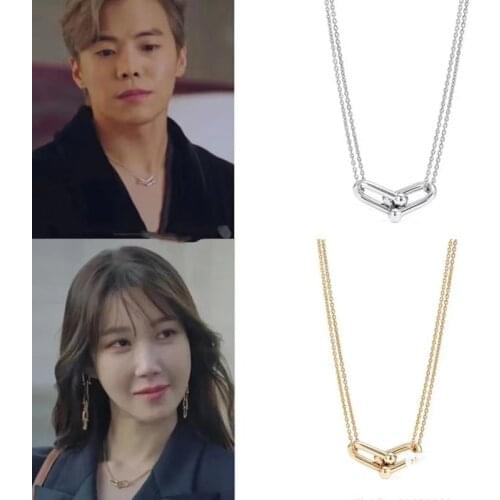 Gold-plated Korean Drama Top Floor Male Female Protagonist Couples U-shape Horseshoe Buckle Bamboo Double-line Clavicle Necklace