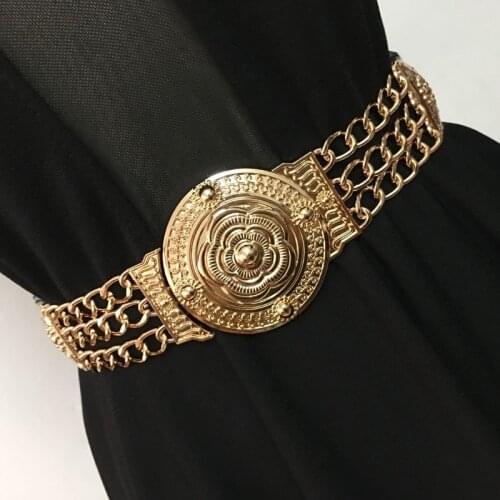 Gold chain belt elastic belts for women big flower metal stretch riem ketting golden decorative waistband designer cummerbunds