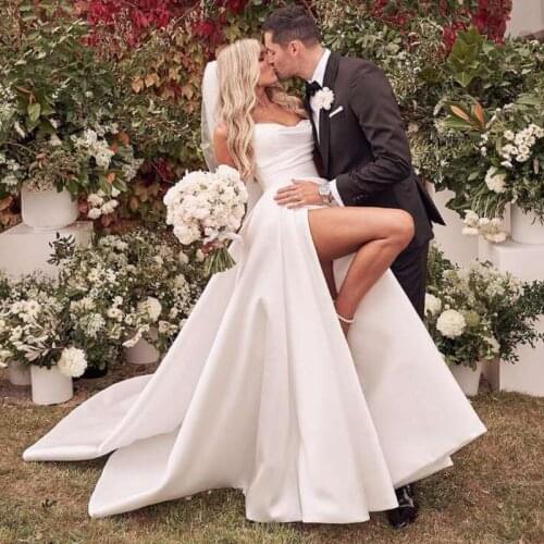 Eightree Romantic Satin Wedding Dress 2021 Cheap Wedding Gowns Sweetheart High Split Side Custom Made Boho Bridal Dresses