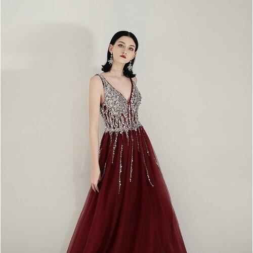 Luxury Burgundy Evening Dresses A-Line V-Neck Shiny Sequins Beads Sleeveless Ceremony Cocktail Formal Party Guest Prom Gowns New