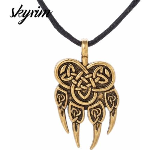 Skyrim Viking Slavic God Symbol Warding Veles Bear Paw Pendant Necklace Talisman Amulet Lucky Knot Charm Jewelry for Man/Woman