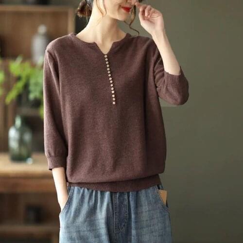 Womens Loose Long-sleeved Large Size Wool Sweater Pullover Solid Color Wild V-neck Sweater Autumn Fall Knitted Bottoming Shirt