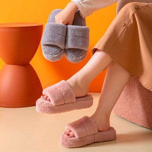Women Furry Slippers Short Plush Solid Platform Female Flat Home Shoe Thick Bottom Comfortable Leisure Keep Warm Ladies Footwear