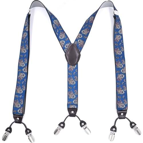 Vintage Leather Suspenders Strap for Men Suit Trouser Braces Belt Y Back 6 Clips Adjustable Elastic Heavy Duty Big Size-Paisley