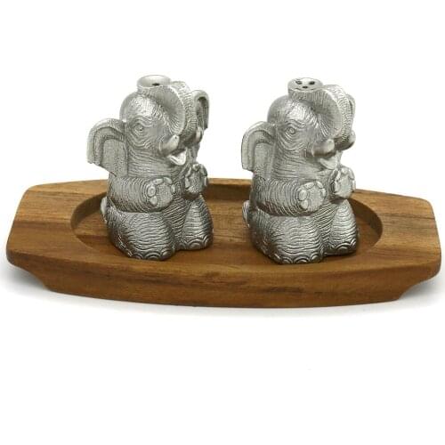 Oriental Pewter - Pewter Condiments Set - Salt&Pepper Caddy Set, Set of 3, Baby Elephant Shaped, Pure Tin 97% Lead-Free Thailand
