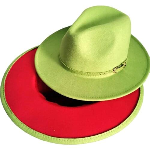 QBHAT Trend Lime Green and Red Patchwork Womens Men Wide Brim Felt Hats Lady Panama Vintage Unisex Fedora Hat Jazz Cap L XL