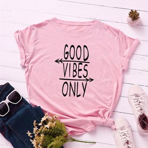 GOOD VIBES ONLY Creative leisure Letters T-Shirts 100% cotton funny o-neck short sleeve top tees t shirts for women Ladies girl
