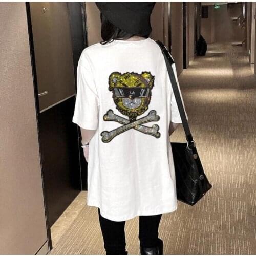 Europe style Women T-Shirt Diamonds Short T Shirt black O-neck Tees cottonr Regular Tops girls fashion clothes