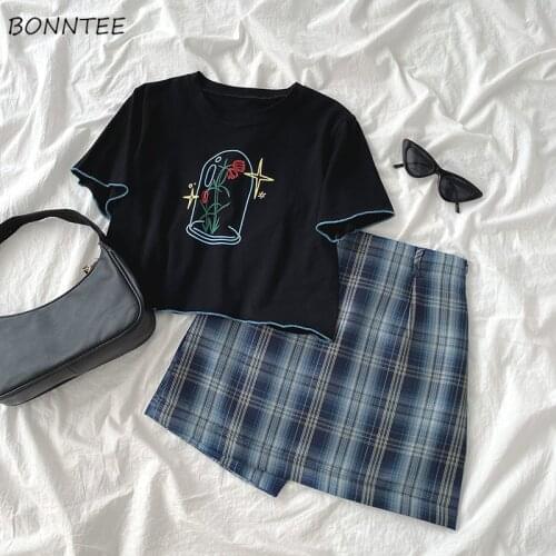 2 Piece Sets Women Summer Fashion Korean preppy Chic Teens Outfit Sexy Mini Skirt Sweet Printed Simple All-match Womens Crop Top