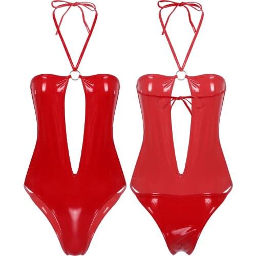 Womens Wetlook Shiny Leather Bodysuit Rave Clubwear Costumes High Cut Latex Femme Lingerie Bodycon Catsuit For Evening Parties