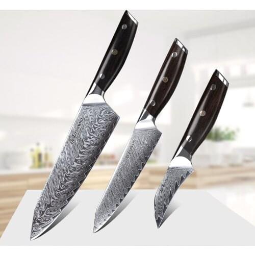TURWHO 3PCS Kitchen Knives Sets Japanese Chef Utility paring Knives Damascus Stainless Steel Cooking Tool set sandalwood Handle