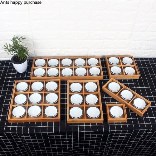 Bamboo Japanese-style Nine Grid Cooking Tray Ceramic Bowl Side Dish Sushi Multi Grid Dessert Snack Platter Square Wooden Tray