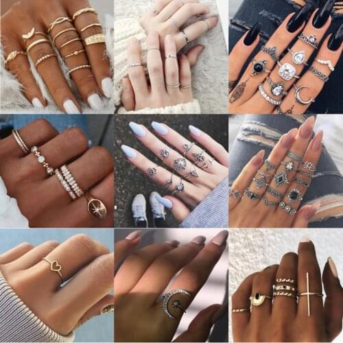 Tocona Bohemian Vintage Water Drops Star Geometric Crystal Ring Set Women Charm Joint Ring Fashion Jewelry Gift