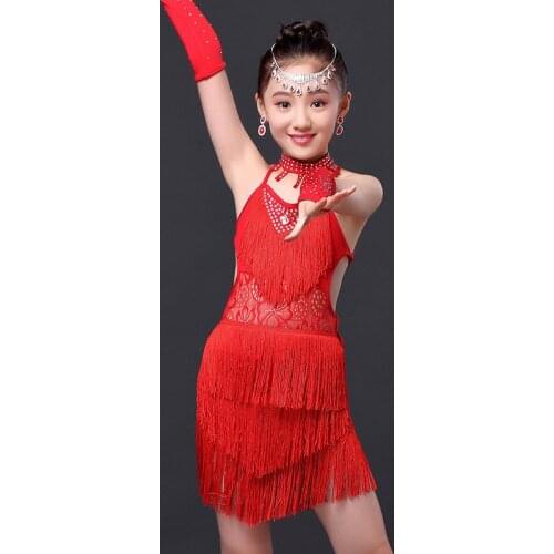 2020 New Latin Dance Dress For Kids Lace Tassels Dance Wear Sexy Stage Costumes Ballroom Latin Dancing Dresses For Kids 3 Colors