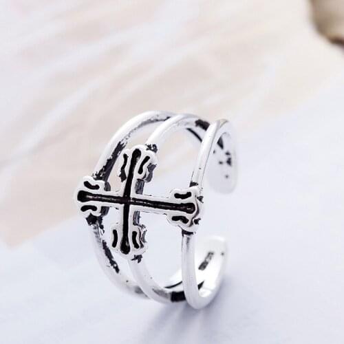 Kindey Exaggerated Personality Silver Color Cross Rings For Women Wedding Jewelry Adjustable Antique Finger Ring Anillos