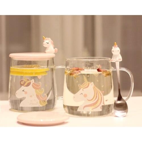 Creative Cute Unicorn Glass Transparent Lid Spoon Mug Household Cup Heat-Resistant Cup