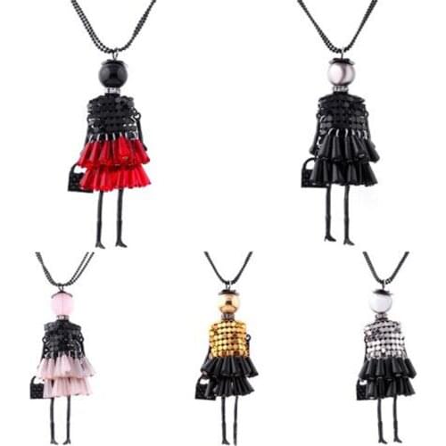 Fashion Jewelry Dress Doll Pendant Necklace Women Girl Crystal Beads Long Sweater Chain Statement Charm Choker Accessories