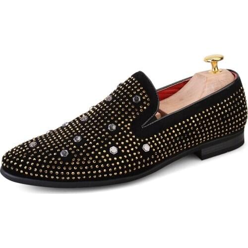 Handmade Glitter Crystal Men Velvet Loafers Bling Luxury Rhinestone Noble Mens Dress Shoes Wedding Performing Shoes