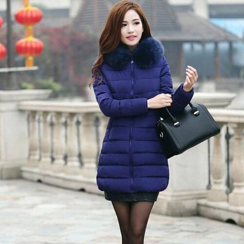 Invierno Cotton Coat Womens Plus Size Hooded Elegant Fur Collar Zipper Ladies Outwear Slim Medium Thick Cotton Overcoat Z477