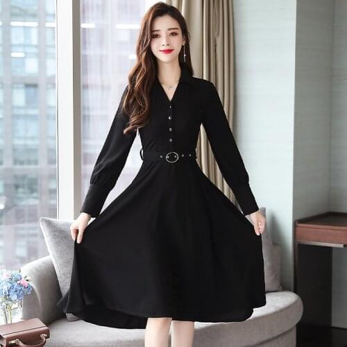 Womens dress autumn winter long-sleeved thin office work dress ladies korean style vintage black belt midi dress women robe
