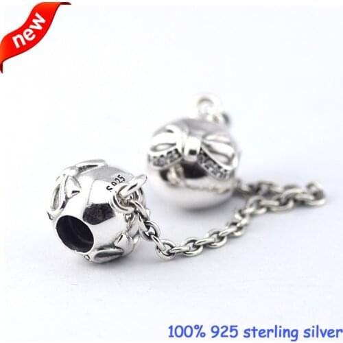 Fits Pandora Bracelets Dainty Bow Silver Safety Chain Beads With CZ 100% 925 Sterling Silver Charms DIY Jewelry Wholesale SF011