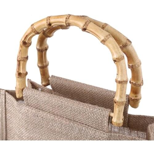 Q1QA Portable Burlap Jute Shopping Bag Handbag Bamboo Loop Handles Reusable Tote Grocery Bags