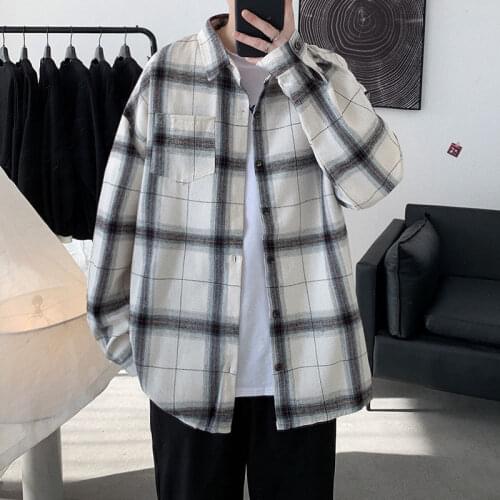Long Sleeve Lattice Shirts For Men Casual Tops Loose All-match Shirt Classic Spring Autumn Lapel Coat Breathable Male Clothes