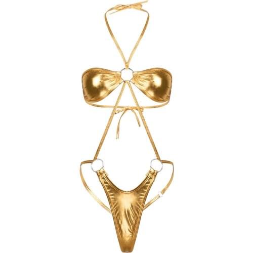 VIKINII 2020 Sexy Lingerie Stamping Gold Bodysuits Mini Trikini Female Swimsuit Erotic Thong Bikinis Women One Piece Swimwear