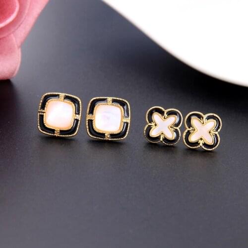 Kissme Exquisite Shell Cross Flower Stud Earrings For Women Unique Black Enamel Gold Color Brass Earrings 2021 Fashion Jewelry