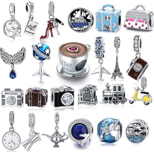 925 Sterling Silver Berloque Family House Eiffel Tower Camera Travel Dream Coffee Cup Shoes Charm Fit Charm Bracelet DIY Jewelry
